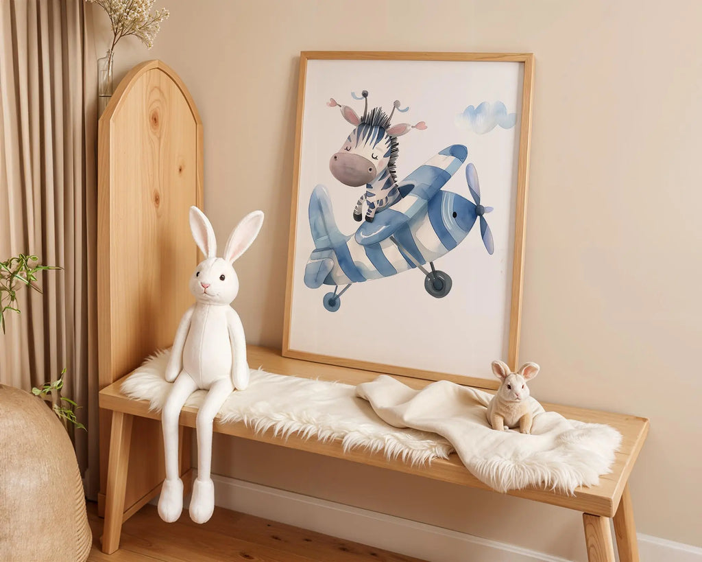 Playroom Ideas | Zebra Plane Nursery Art | Blue Aviation Baby Decor wall art print, modern home decor, unframed artwork by Nomad & Nest