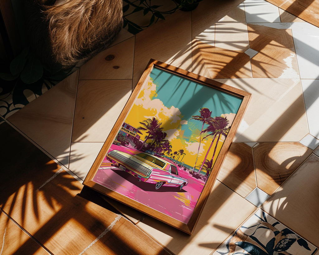 Modern Pop Art | Miami Retro Car  Print | 80s Summer Palm Decor wall art print, modern home decor, unframed artwork by Nomad & Nest