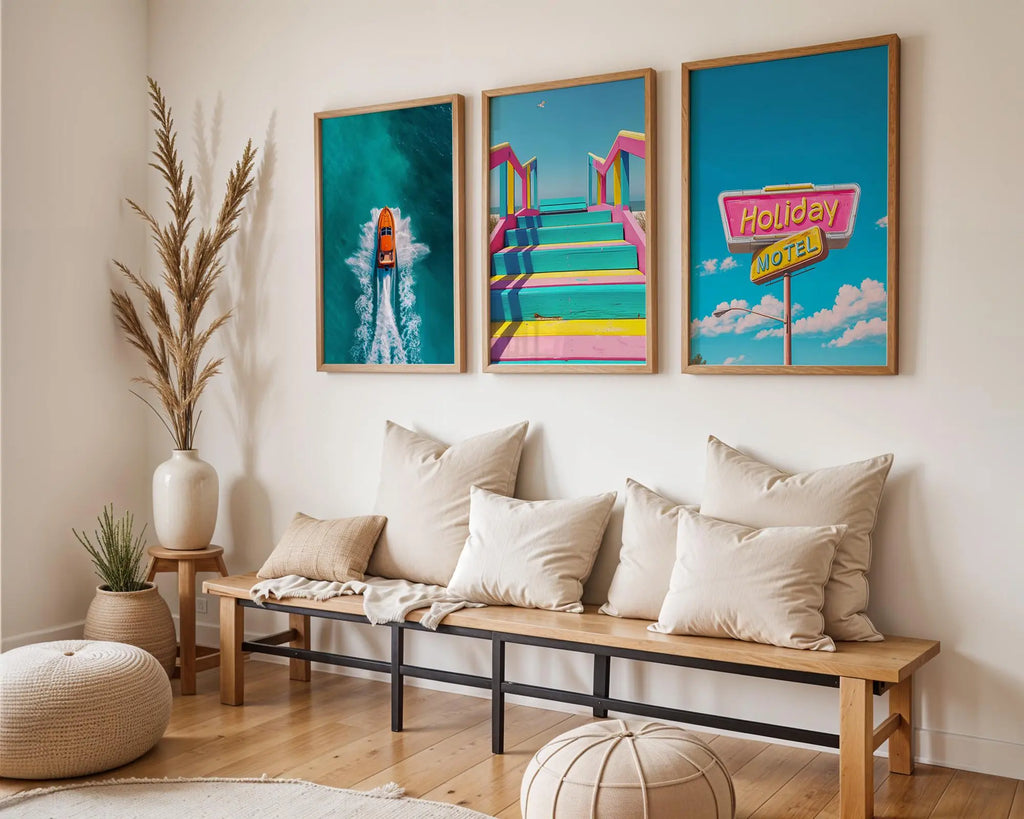 Colourful Prints | Retro Motel Wall Art Set | Vintage Summer Beach Prints Trio wall art print, modern home decor, unframed artwork by Nomad & Nest