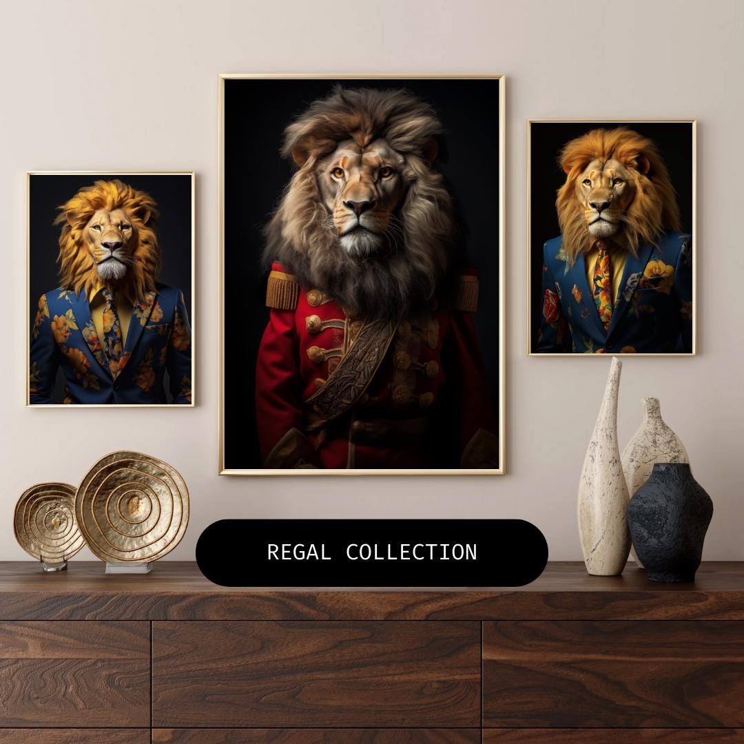Majestic Lion Portrait Print | Regal Animal in Military Uniform wall art print, modern home decor, unframed artwork by Nomad & Nest
