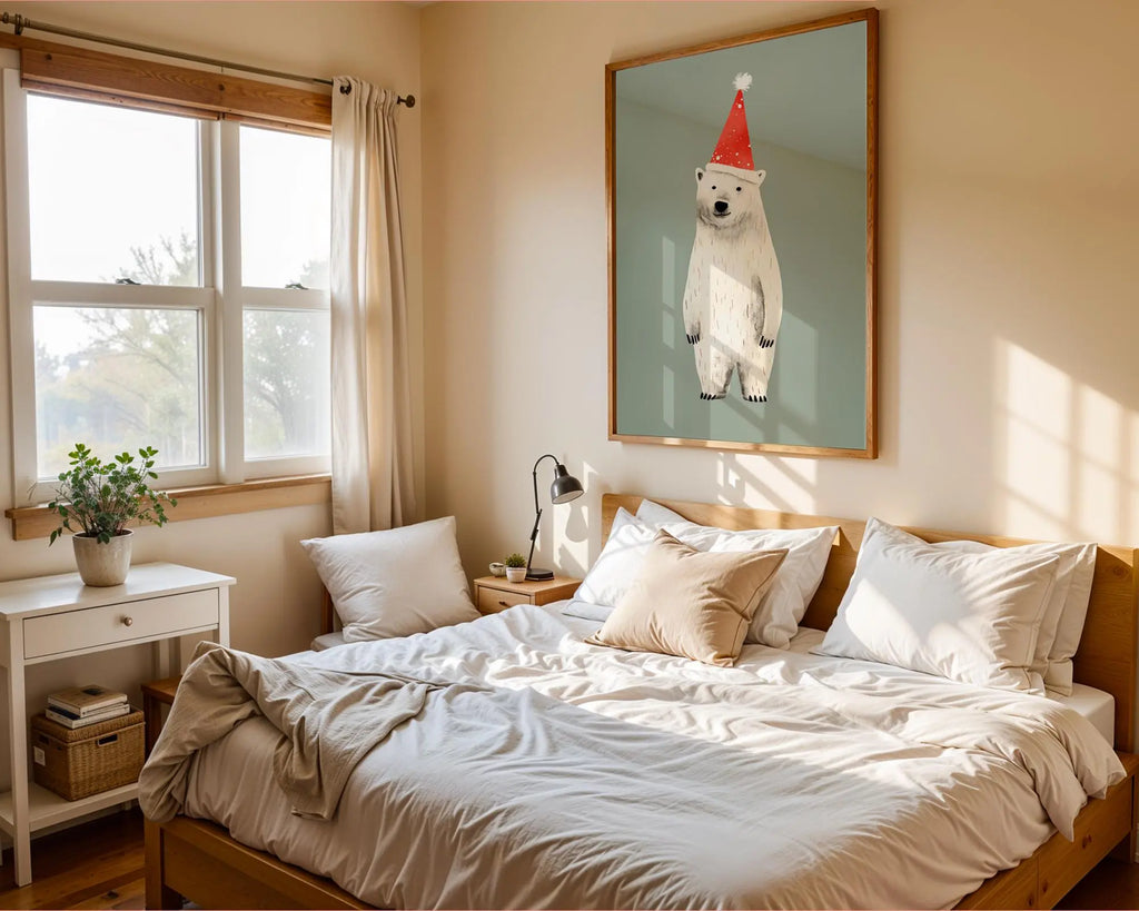 Polar Bear Christmas Print | Santa Hat, Winter Holiday Art wall art print, modern home decor, unframed artwork by Nomad & Nest