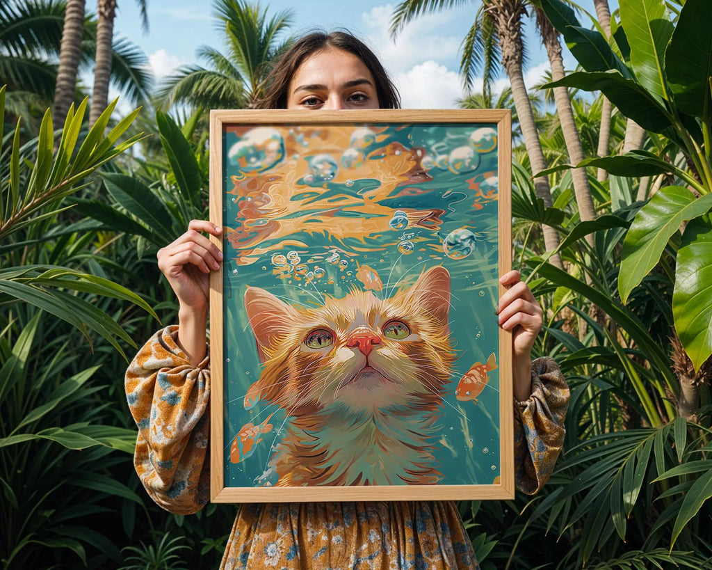 Kitten Underwater Wall Art | Playful Cat Illustration Print wall art print, modern home decor, unframed artwork by Nomad & Nest