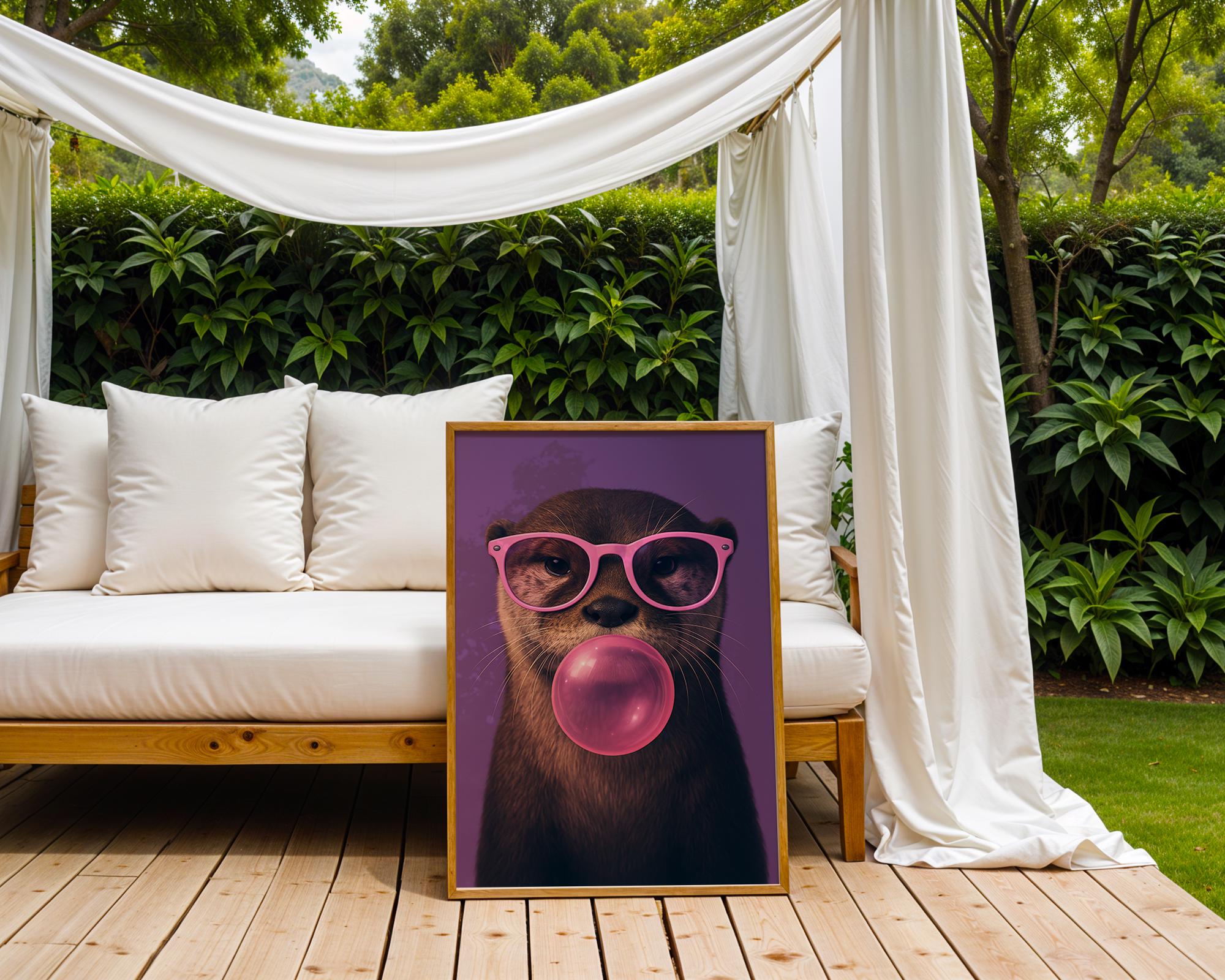 Colourful Prints | Otter Bubblegum Art Print | Funky Animal with Pink Glasses wall art print, modern home decor, unframed artwork by Nomad & Nest