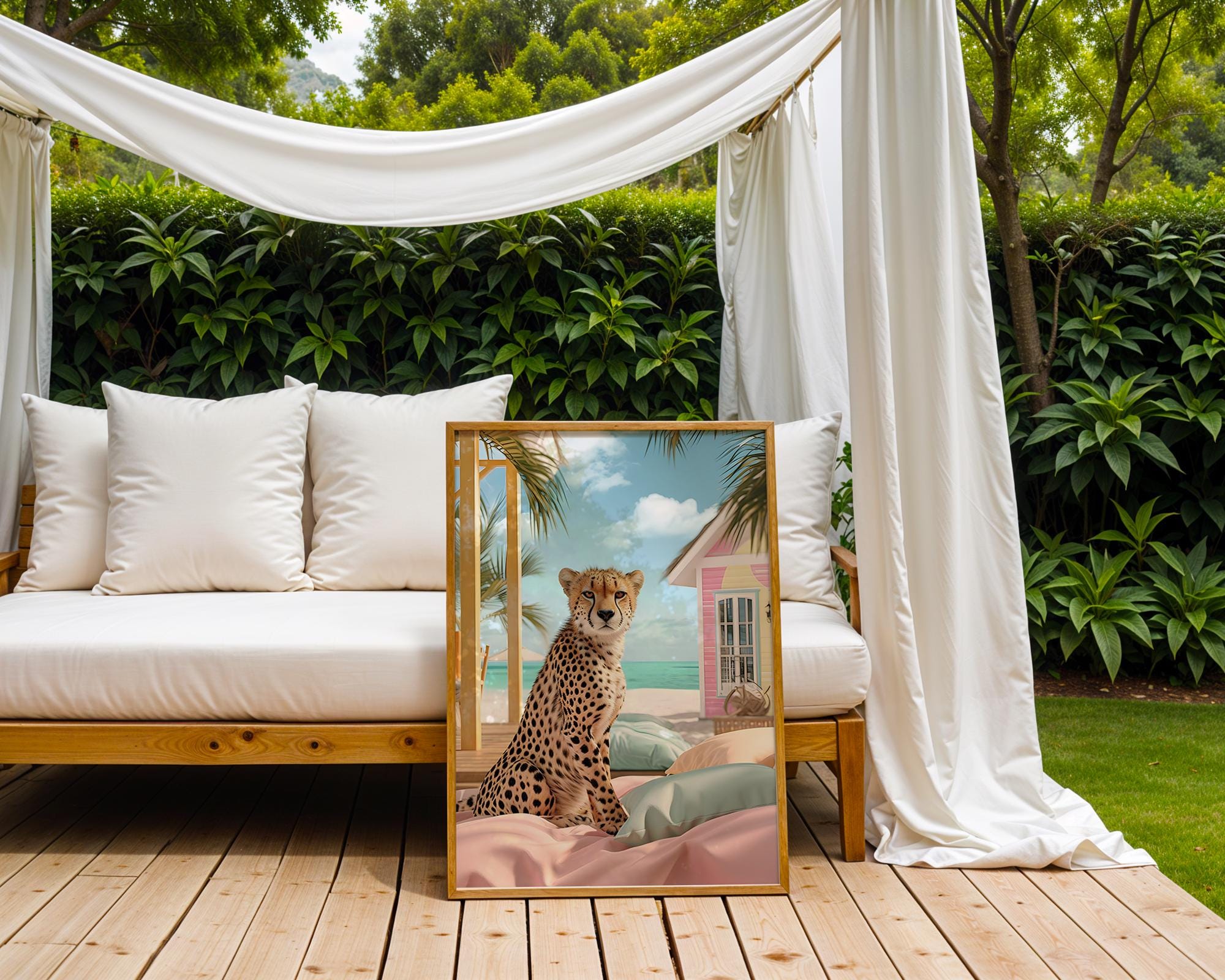 Colourful Prints | Cheetah Beach Print | Tropical Animal Coastal Wall Art wall art print, modern home decor, unframed artwork by Nomad & Nest