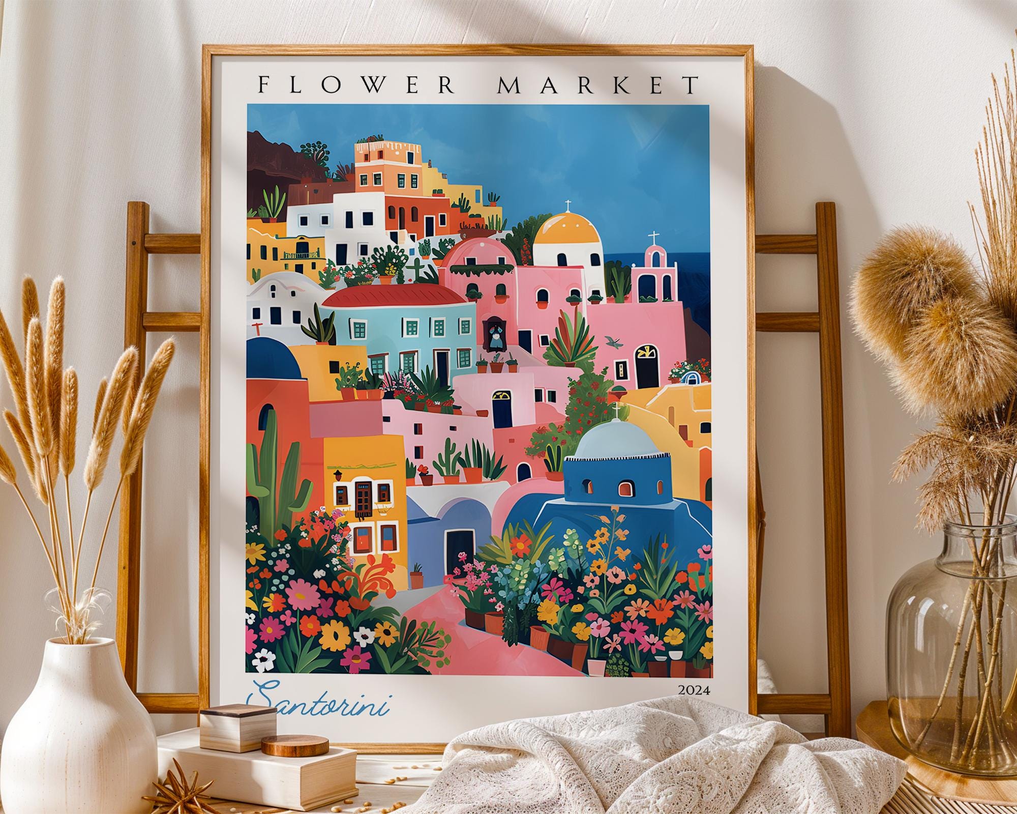 Santorini Flower Market Art Print | Colourful Greek Island Travel Poster wall art print, modern home decor, unframed artwork by Nomad & Nest