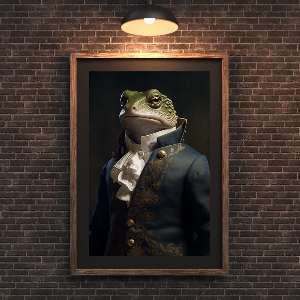 Frog Aristocrat Wall Art | Blue & Gold 18th Century Animal Portrait, Quirky Amphibian Decor wall art print, modern home decor, unframed artwork by Nomad & Nest