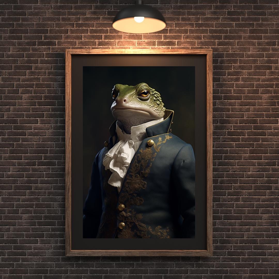 Frog Aristocrat Wall Art | Blue & Gold 18th Century Animal Portrait, Quirky Amphibian Decor wall art print, modern home decor, unframed artwork by Nomad & Nest