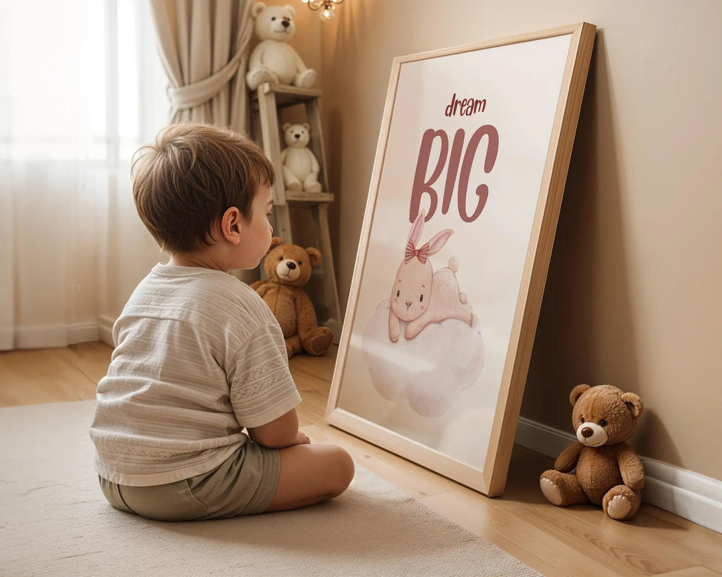 Playroom Ideas | Dream Big Bunny Nursery Wall Art | Soft Boho Cloud Print wall art print, modern home decor, unframed artwork by Nomad & Nest