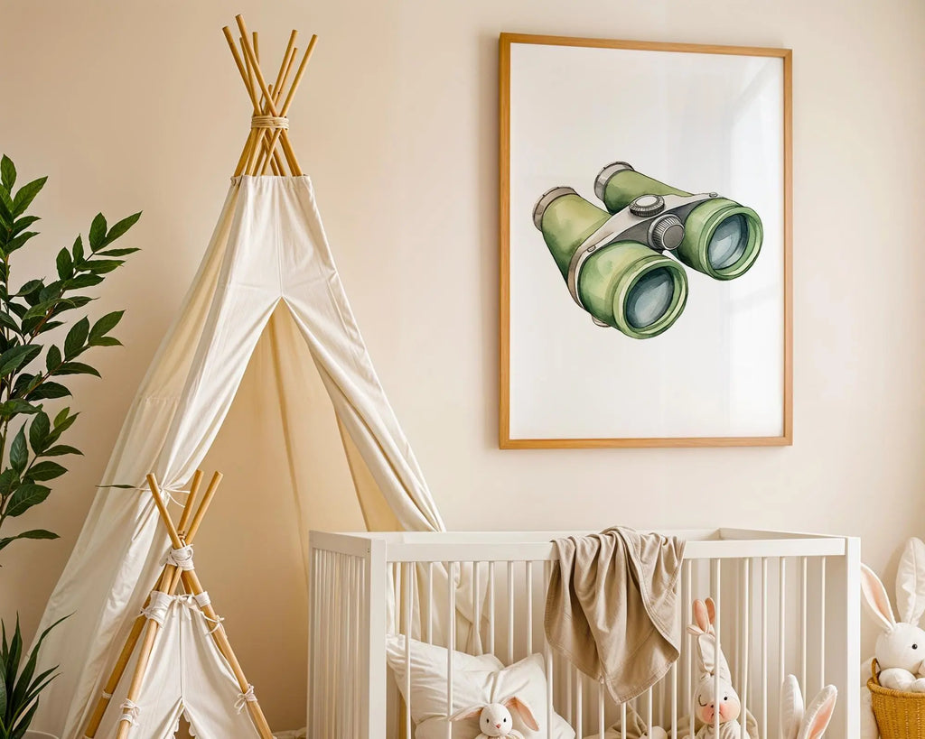 Playroom Ideas | Green Binoculars Nursery Wall Art Adventure Decor Print wall art print, modern home decor, unframed artwork by Nomad & Nest