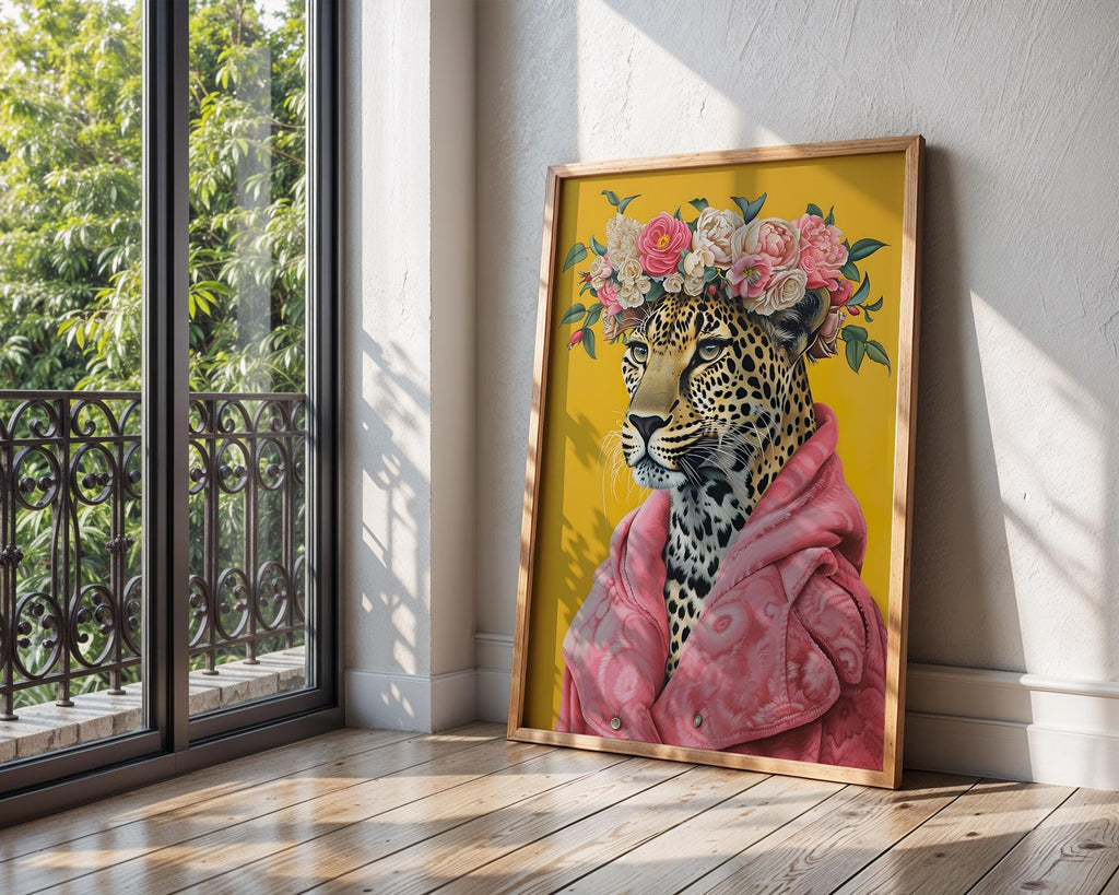 Colourful Prints | Floral Leopard Art Print | Pink Coat, Jungle Queen Portrait wall art print, modern home decor, unframed artwork by Nomad & Nest
