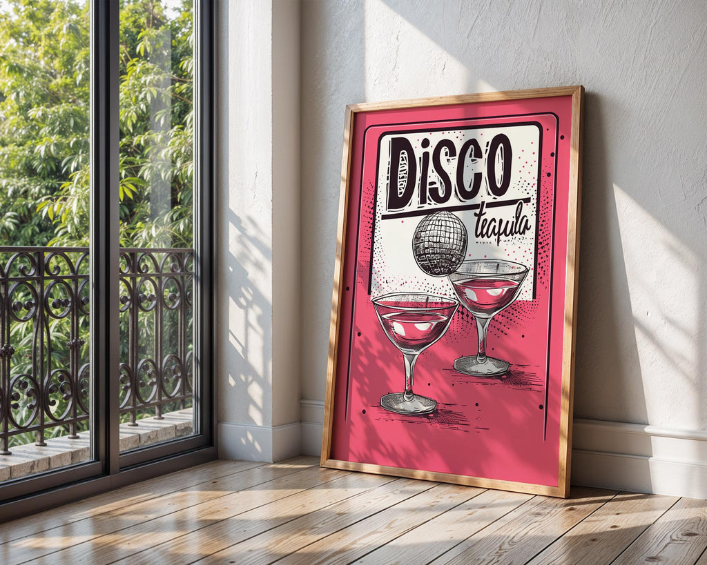 Colourful Prints | Disco Tequila Cocktail Print | Retro Pink Bar Decor wall art print, modern home decor, unframed artwork by Nomad & Nest