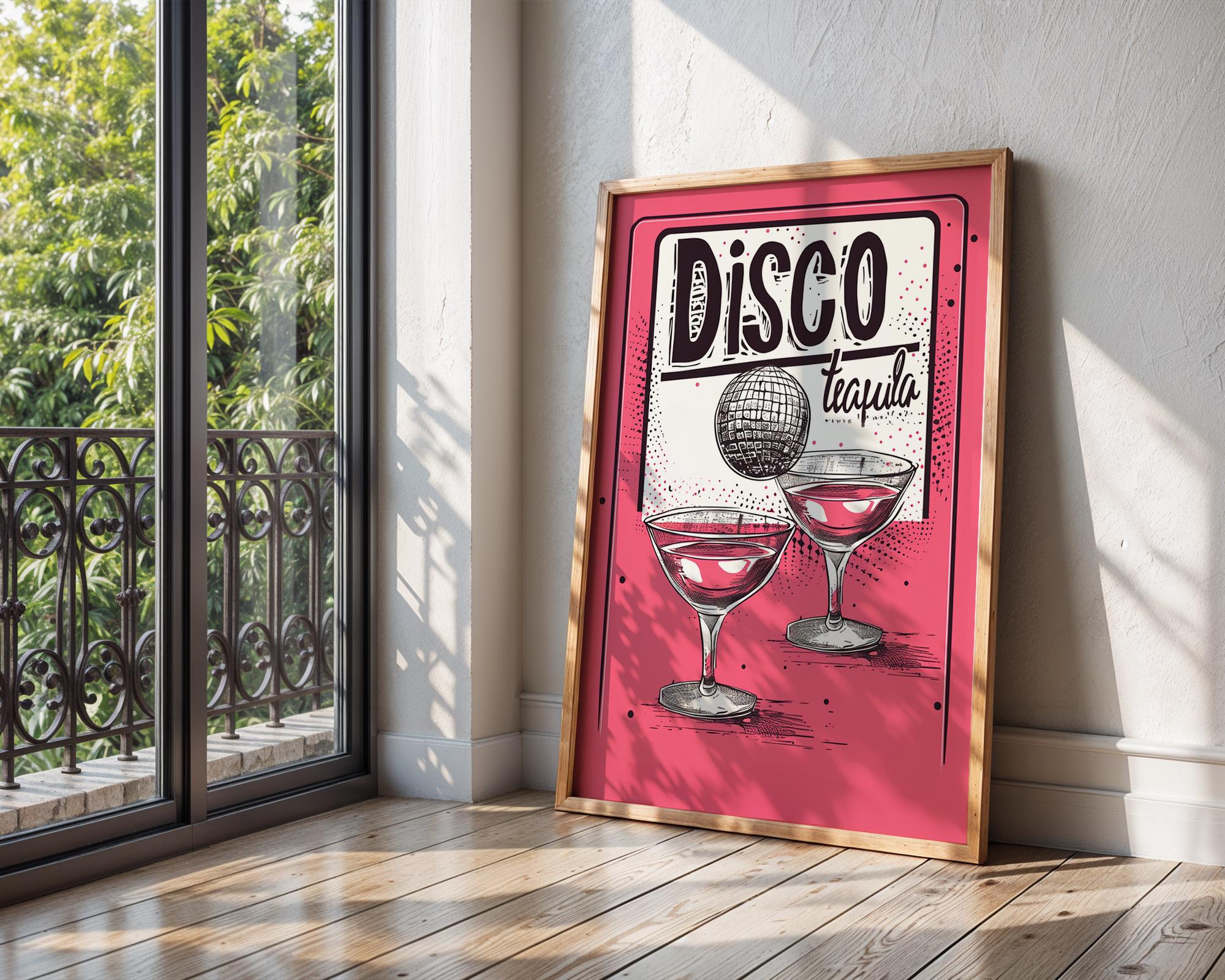 Colourful Prints | Disco Tequila Cocktail Print | Retro Pink Bar Decor wall art print, modern home decor, unframed artwork by Nomad & Nest