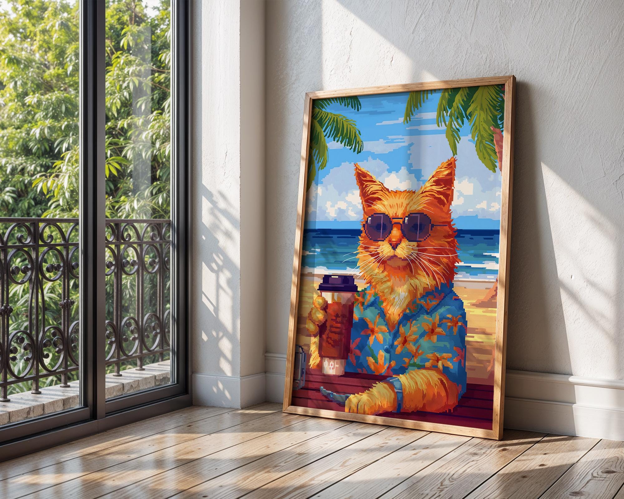 Retro Cat Beach Print | Funny Feline Summer Holiday Poster wall art print, modern home decor, unframed artwork by Nomad & Nest
