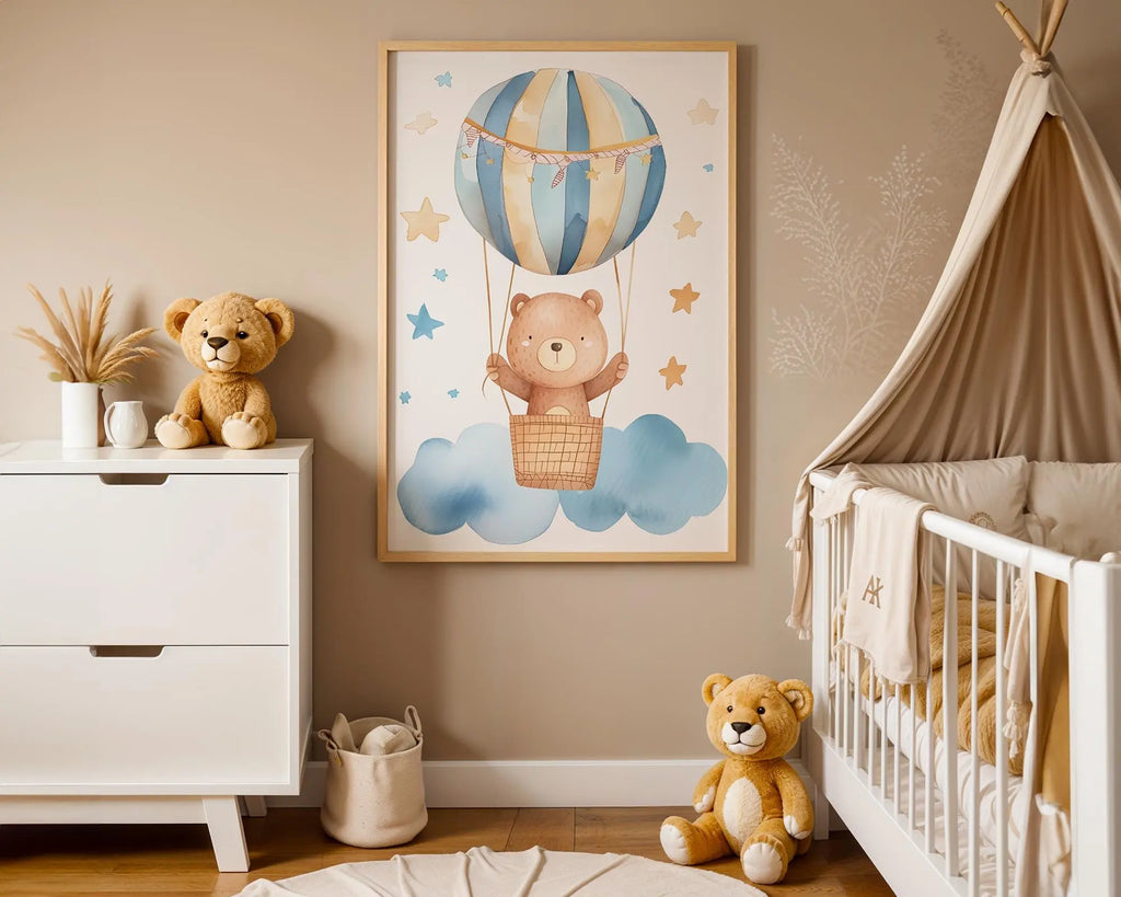 Playroom Ideas | Bear Hot Air Balloon Nursery Print | Boho Sky Wall Art wall art print, modern home decor, unframed artwork by Nomad & Nest