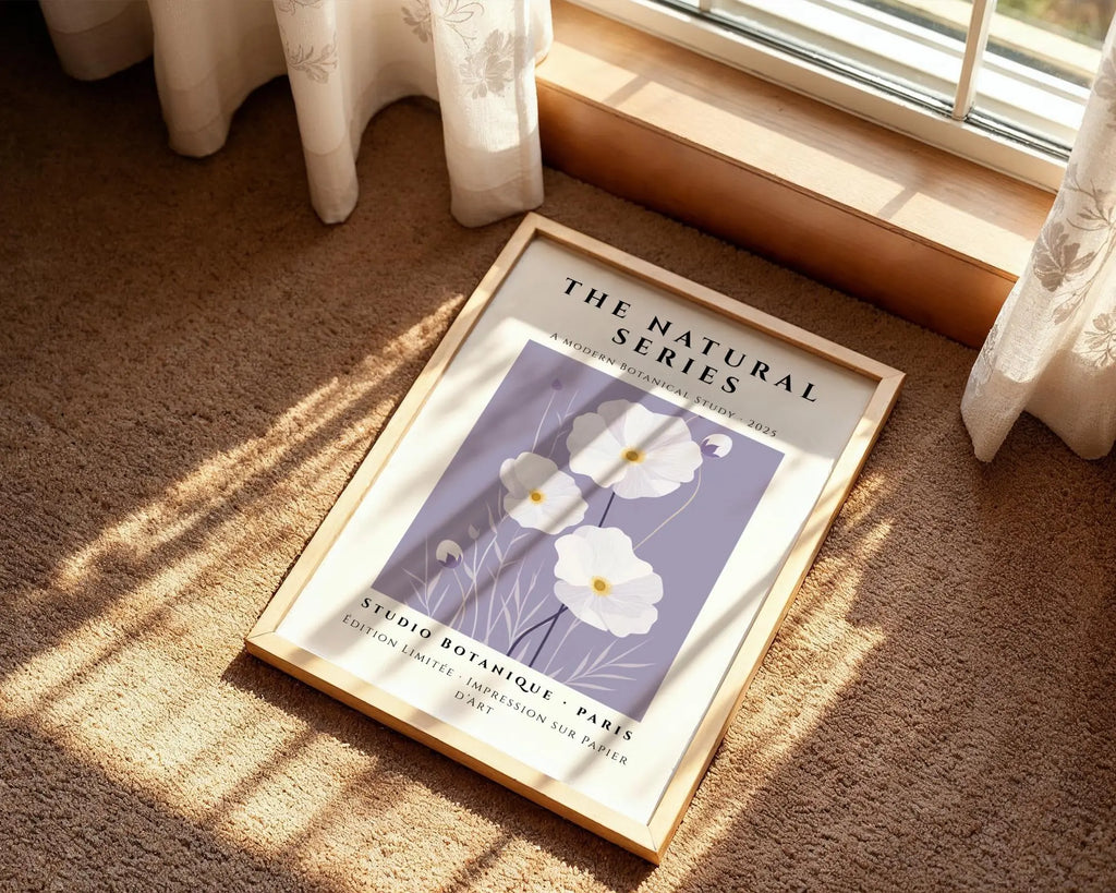 White Cosmos Botanical Print | Elegant Lilac Floral Wall Art wall art print, modern home decor, unframed artwork by Nomad & Nest