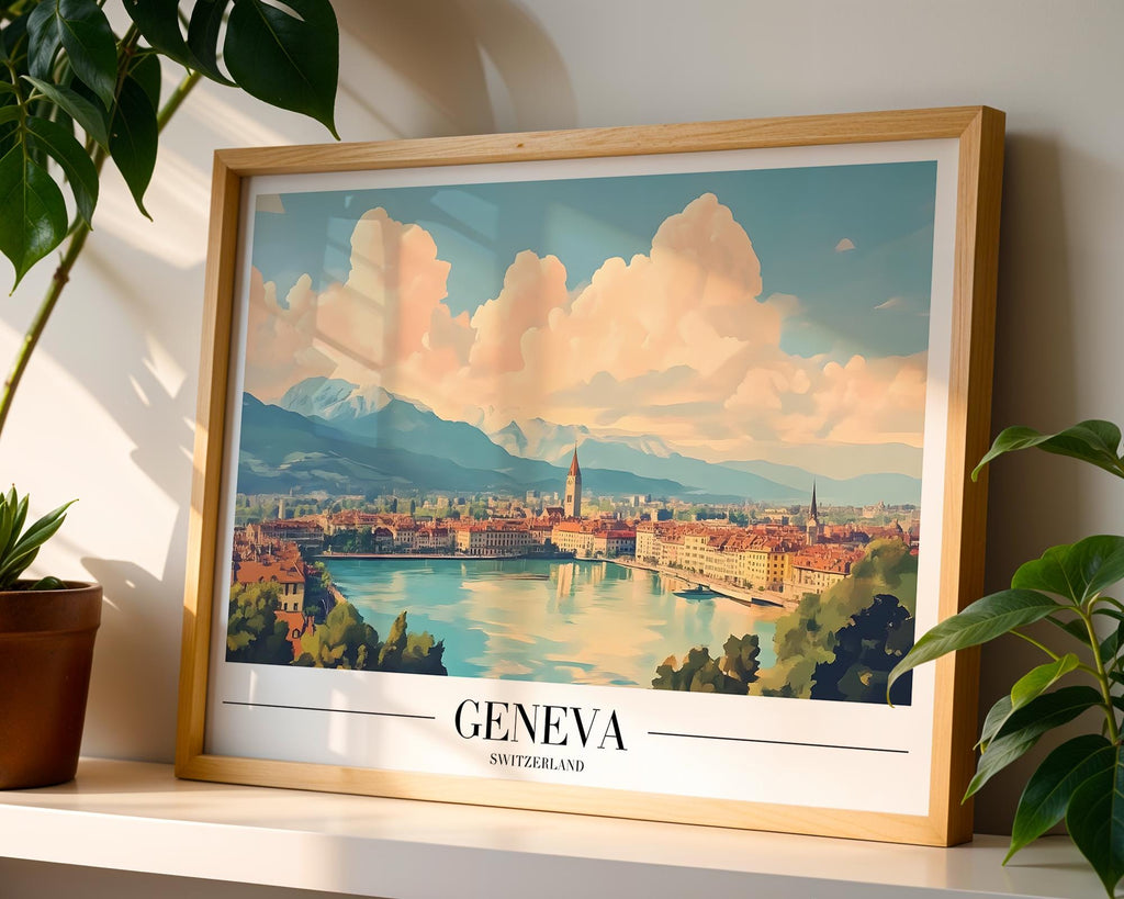 Geneva Switzerland Poster | Vintage Travel Print, Lake Geneva Alps Art wall art print, modern home decor, unframed artwork by Nomad & Nest