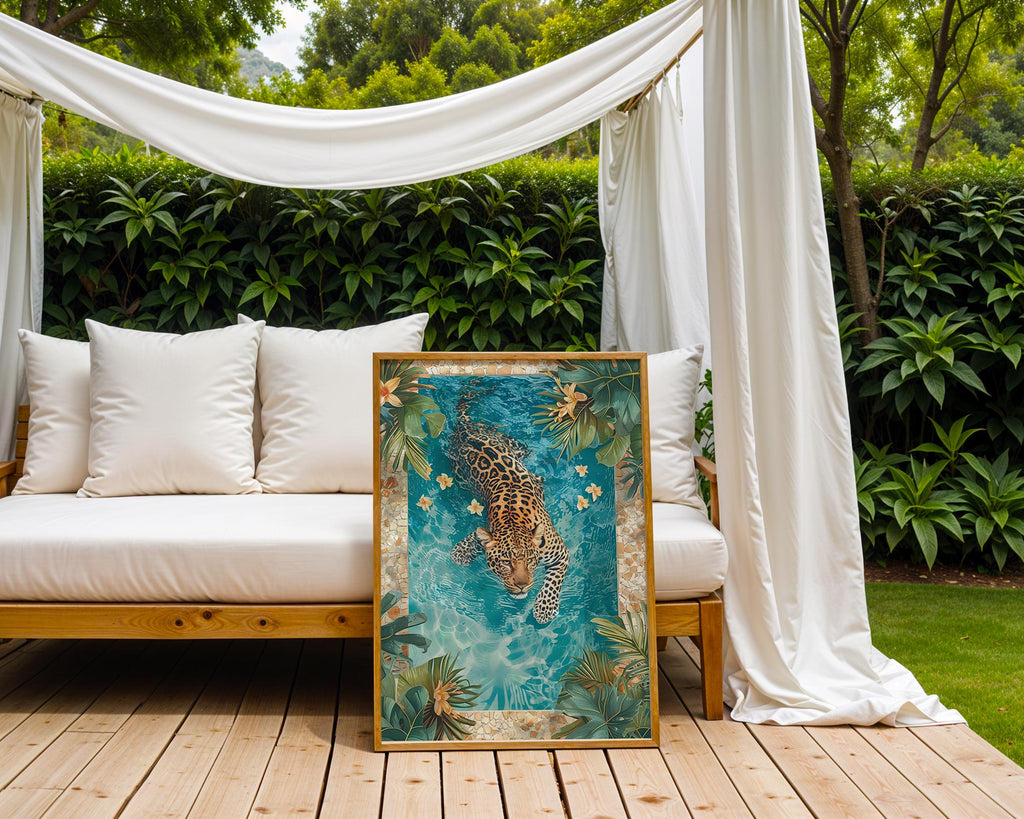 Colourful Prints | Leopard Swimming Pool Art Print | Tropical Jungle Decor wall art print, modern home decor, unframed artwork by Nomad & Nest