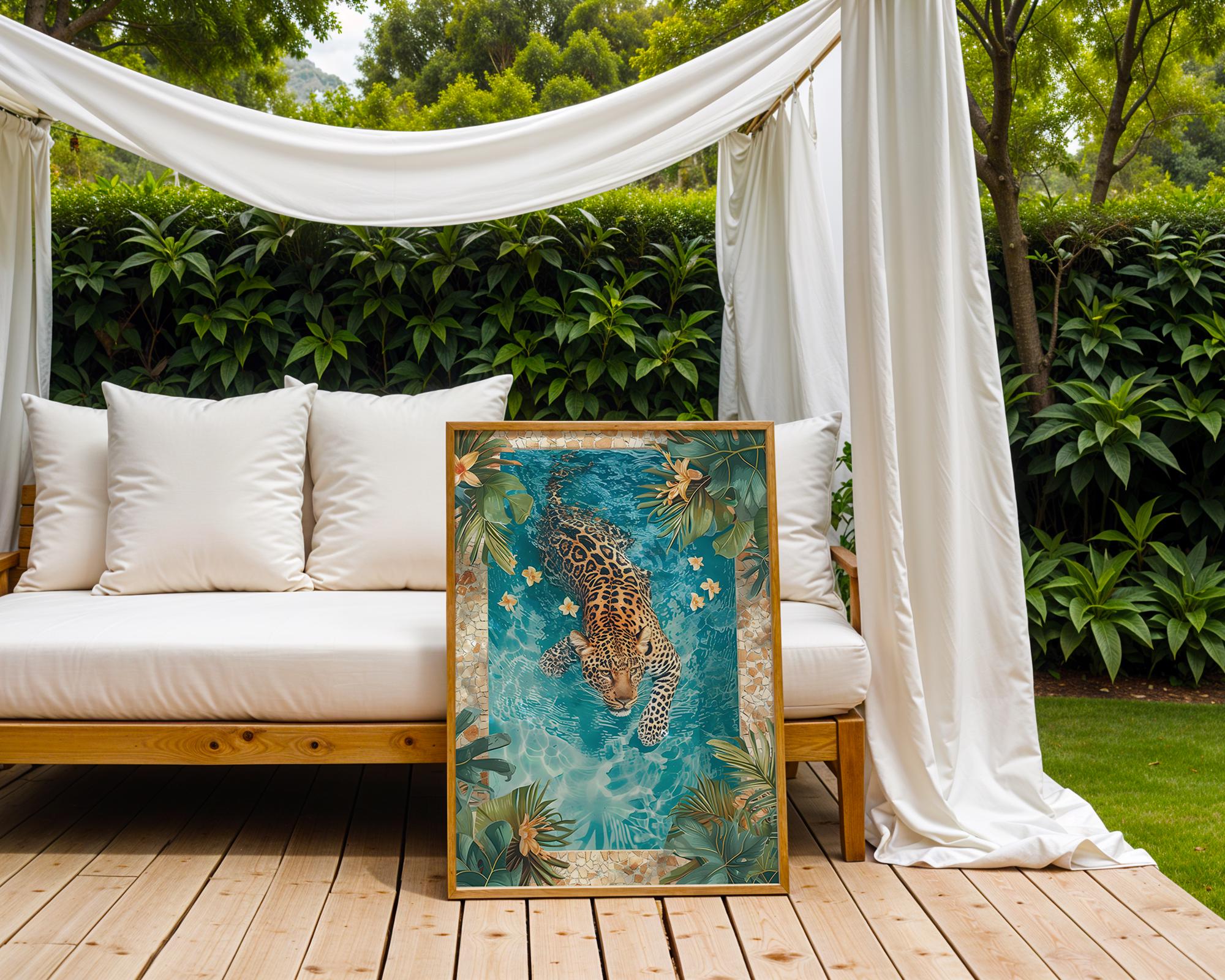 Colourful Prints | Leopard Swimming Pool Art Print | Tropical Jungle Decor wall art print, modern home decor, unframed artwork by Nomad & Nest