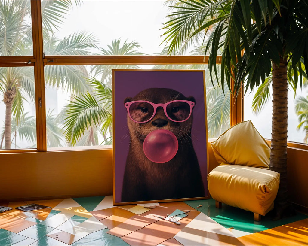 Colourful Prints | Otter Bubblegum Art Print | Funky Animal with Pink Glasses wall art print, modern home decor, unframed artwork by Nomad & Nest