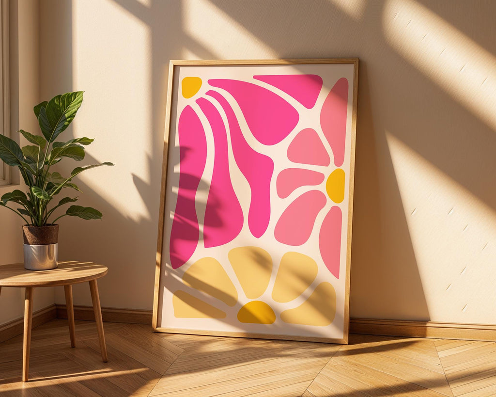 Pink and Yellow Floral Art Print | Groovy Mid Century Modern Decor wall art print, modern home decor, unframed artwork by Nomad & Nest