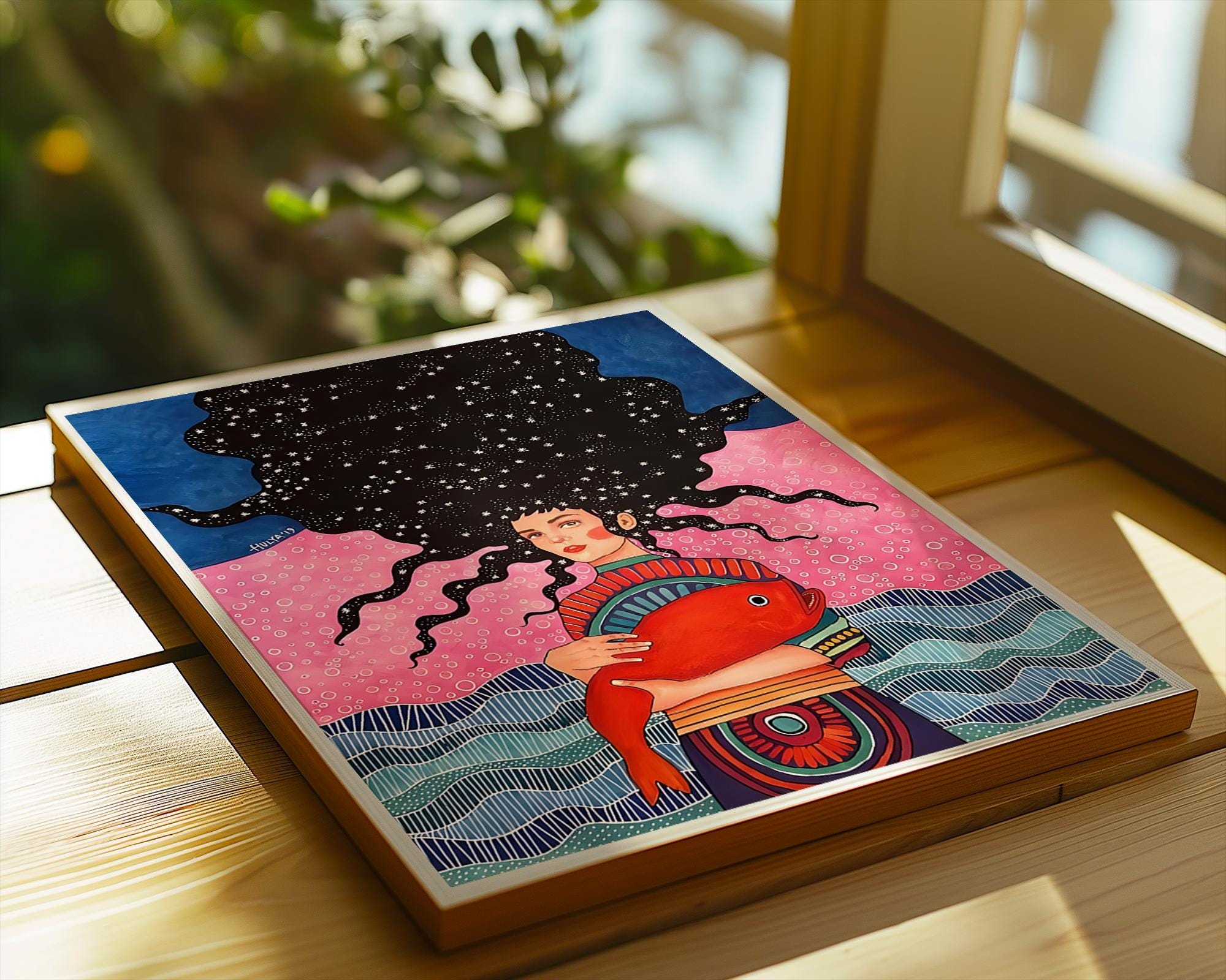 Surreal Woman with Fish Art Print | Cosmic Colorful Wall Decor wall art print, modern home decor, unframed artwork by Nomad & Nest