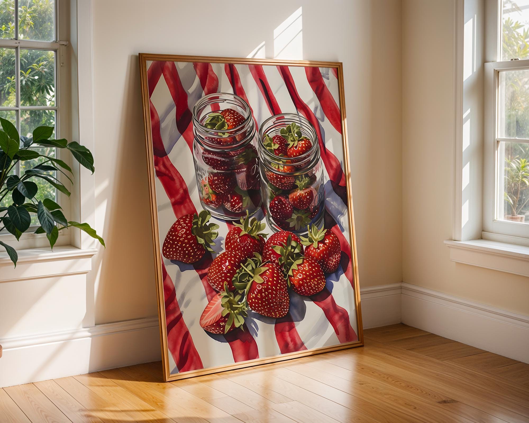 Colourful Prints | Strawberry Still Life Art Print | Summer Fruit Kitchen Decor wall art print, modern home decor, unframed artwork by Nomad & Nest