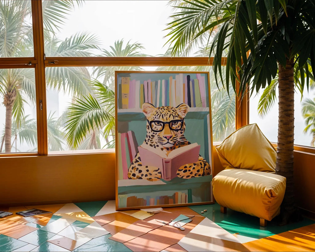 Leopard Reading Book Print | Whimsical Animal Wall Art wall art print, modern home decor, unframed artwork by Nomad & Nest
