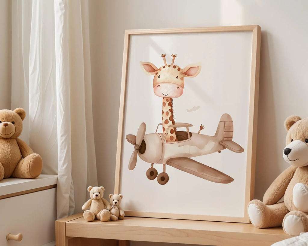 Playroom Ideas | Giraffe Airplane Nursery Print | Adventure Baby Decor wall art print, modern home decor, unframed artwork by Nomad & Nest