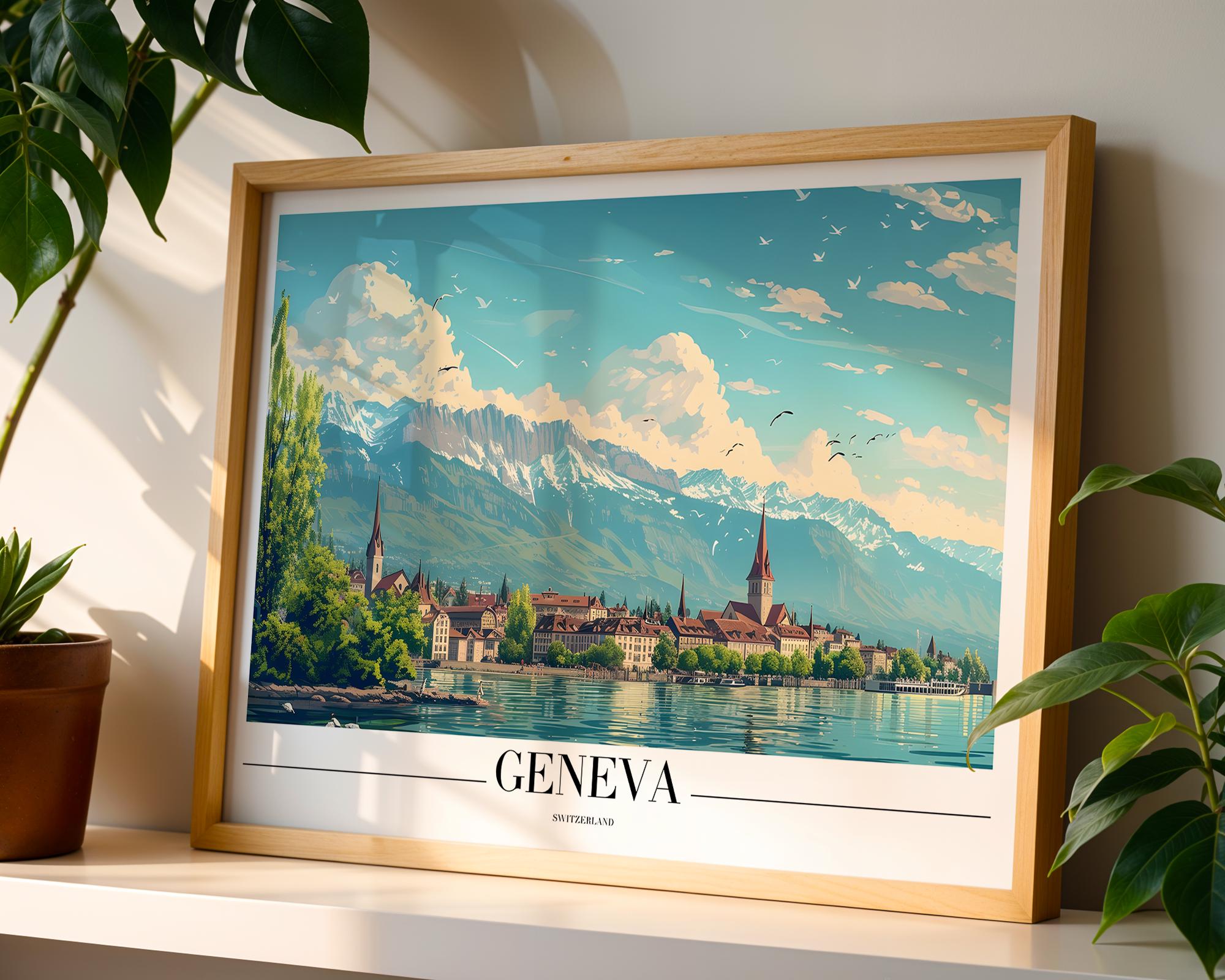 Geneva Switzerland Poster | Alpine Lake City Art Print wall art print, modern home decor, unframed artwork by Nomad & Nest