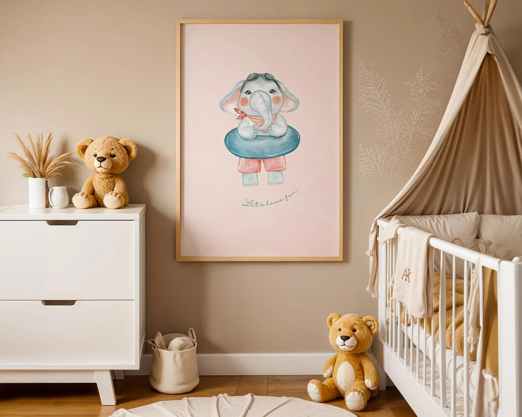 Playroom Ideas | Elephant Swim Ring Nursery Art | Playful Baby Wall Print wall art print, modern home decor, unframed artwork by Nomad & Nest
