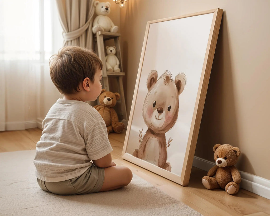 Playroom Ideas | Teddy Bear Nursery Wall Art | Soft Woodland Animal Print wall art print, modern home decor, unframed artwork by Nomad & Nest