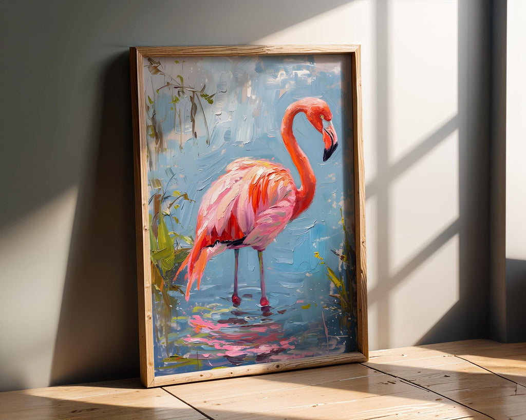 Modern Pop Art | Pink Flamingo Oil Painting | Tropical Bird Lake Scene Canvas Print wall art print, modern home decor, unframed artwork by Nomad & Nest