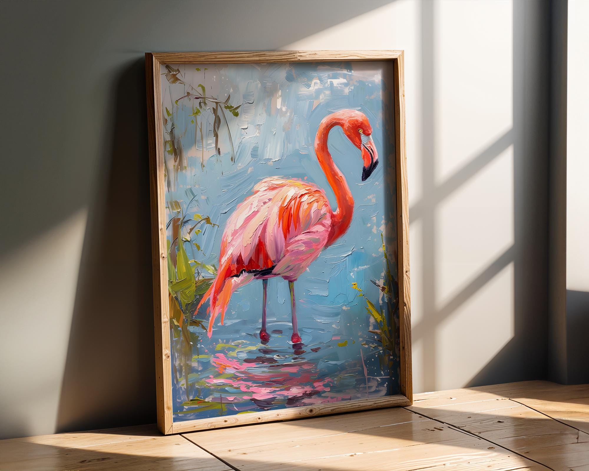 Modern Pop Art | Pink Flamingo Oil Painting | Tropical Bird Lake Scene Canvas Print wall art print, modern home decor, unframed artwork by Nomad & Nest