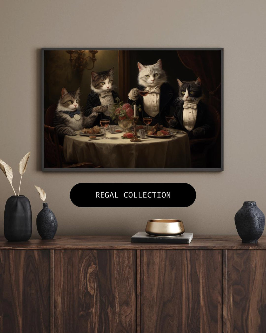 Tuxedo Cats Dinner Party Print | Whimsical Anthropomorphic Animal Art wall art print, modern home decor, unframed artwork by Nomad & Nest