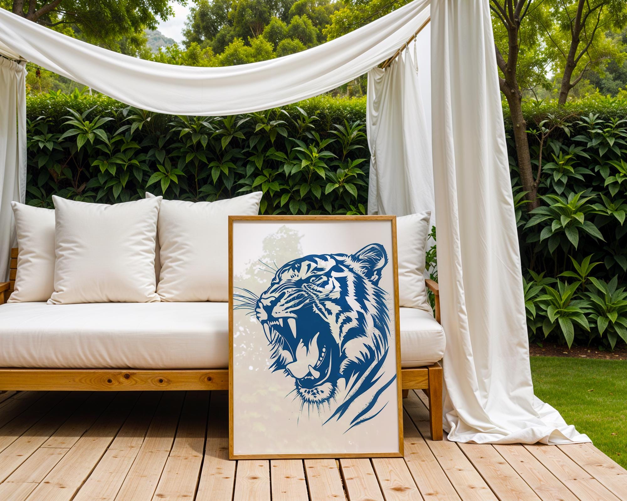 Deep Blue Roaring Tiger Print, Bold Animal Poster wall art print, modern home decor, unframed artwork by Nomad & Nest