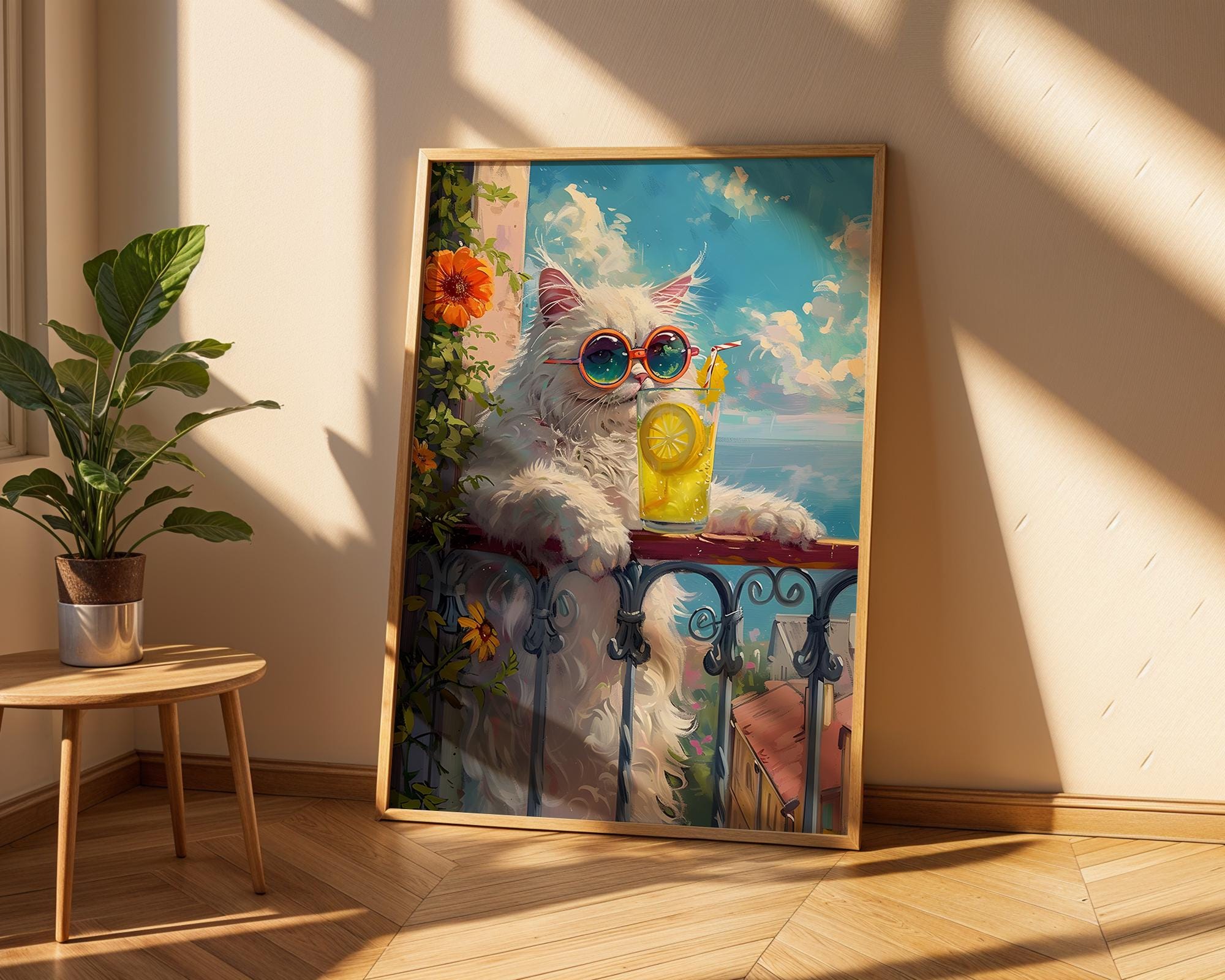 Colourful Prints | Funny Cat Print | Summer Balcony, Lemonade, Sunglasses wall art print, modern home decor, unframed artwork by Nomad & Nest