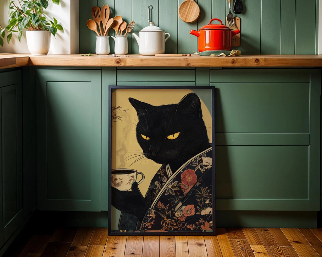 Japanese Poster | Kimono Black Cat Print – Coffee Lover Wall Art wall art print, modern home decor, unframed artwork by Nomad & Nest