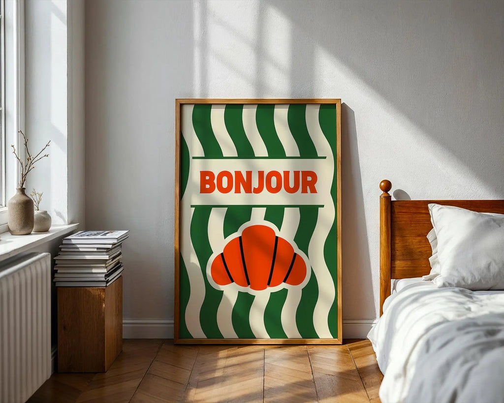 Positive Emotion | Bonjour Croissant | French Café Wall Art | Retro Kitchen Typography Print wall art print, modern home decor, unframed artwork by Nomad & Nest