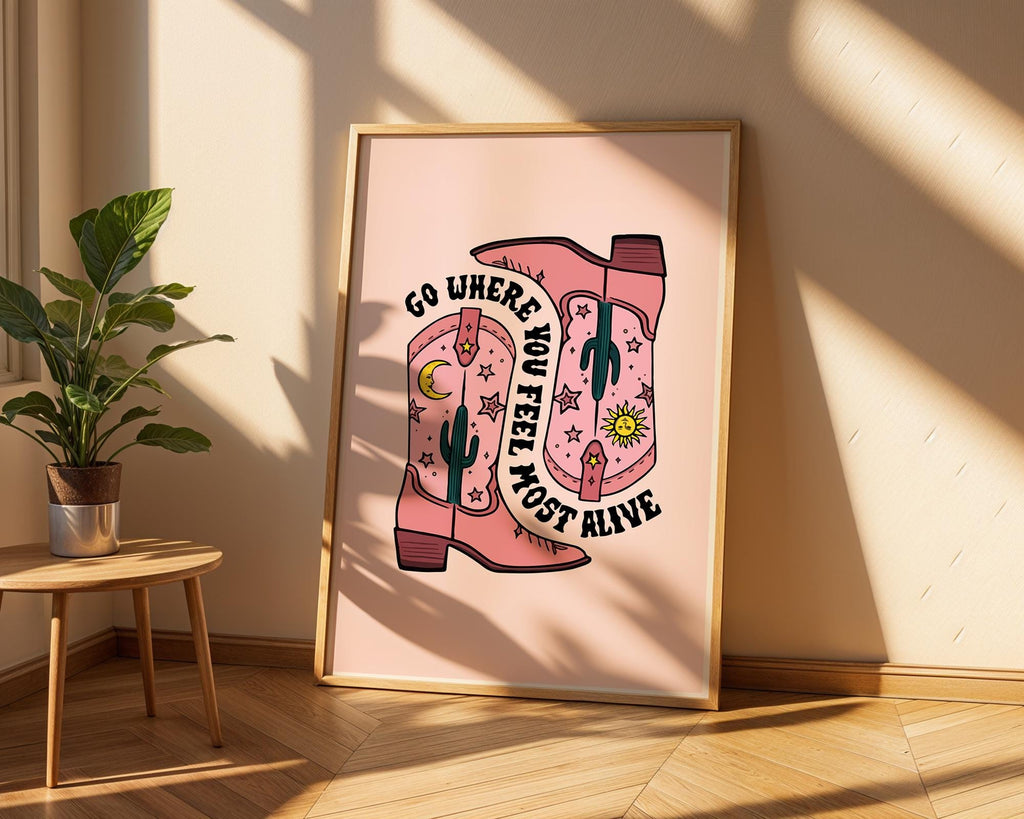 Pink Cowboy Boots Art Print | Retro Western Decor wall art print, modern home decor, unframed artwork by Nomad & Nest