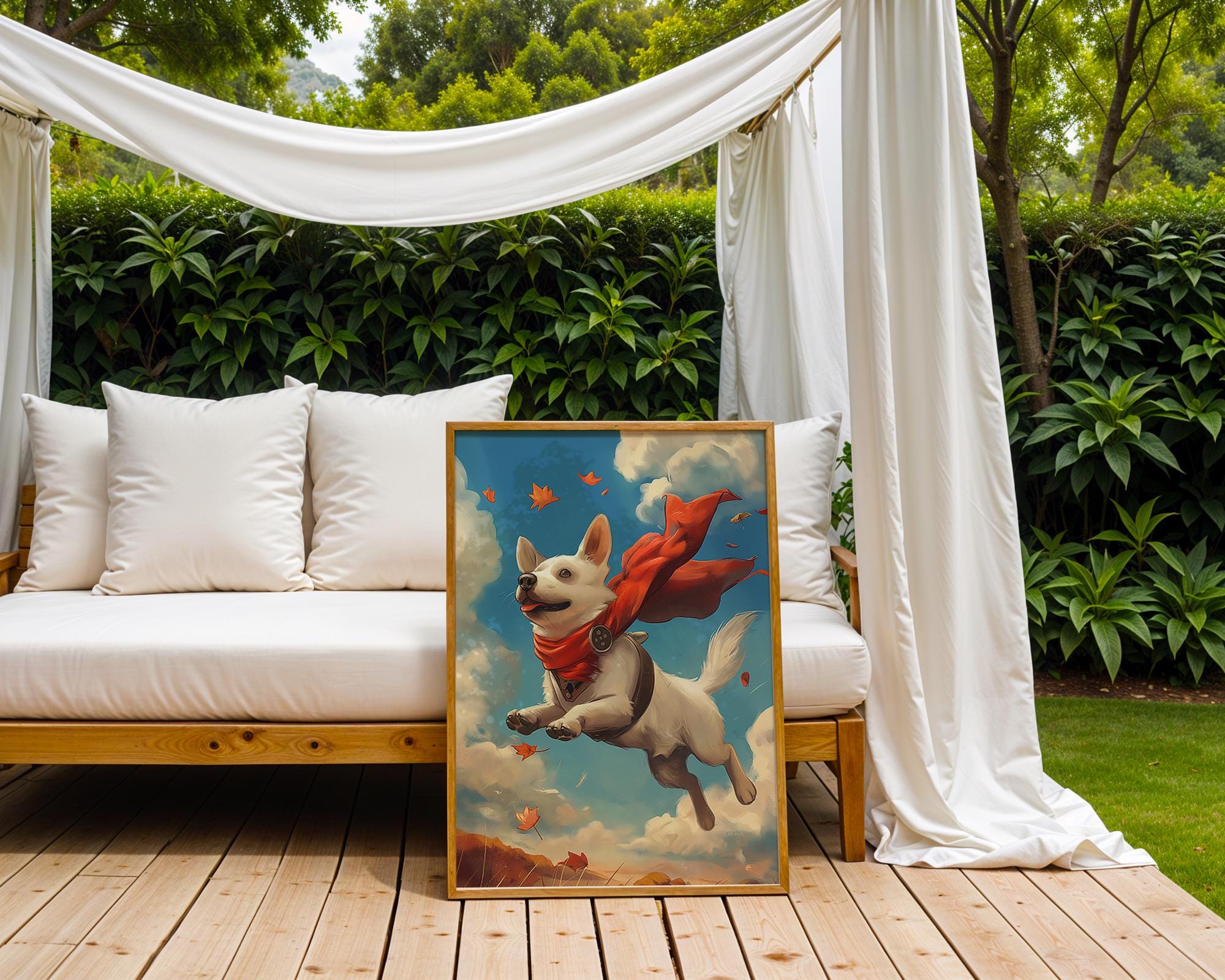 Whimsical Flying Dog Art Print | Red Scarf Pup Illustration wall art print, modern home decor, unframed artwork by Nomad & Nest