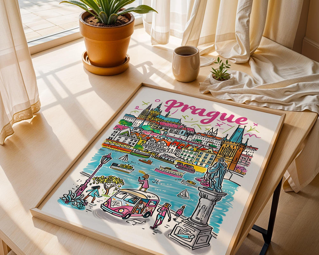 Colorful Prague Travel Poster | Czech Republic City Art Print wall art print, modern home decor, unframed artwork by Nomad & Nest