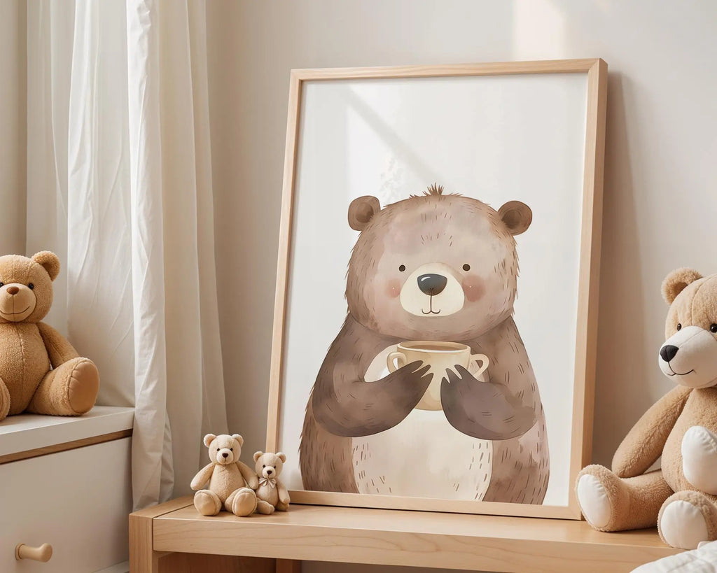 Playroom Ideas | Bear With Cup Nursery Wall Art | Cozy Woodland Baby Print wall art print, modern home decor, unframed artwork by Nomad & Nest