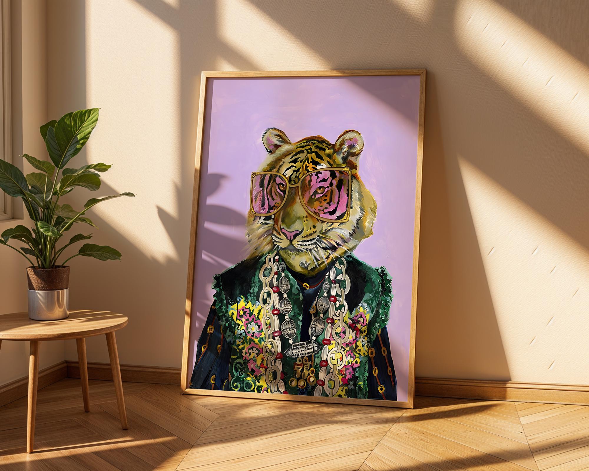 Tiger with Sunglasses Art Print | Colorful Maximalist Animal Poster wall art print, modern home decor, unframed artwork by Nomad & Nest