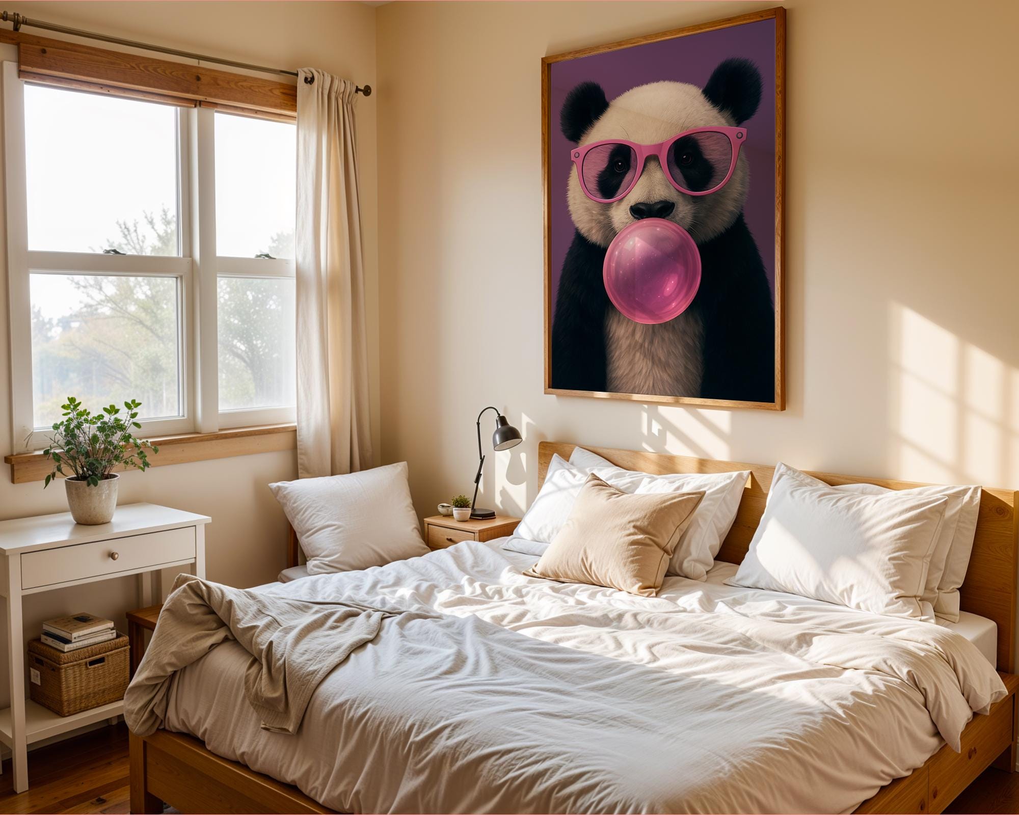 Colourful Prints | Funky Panda Bubblegum Print | Pink Glasses, Pop Art Vibes wall art print, modern home decor, unframed artwork by Nomad & Nest