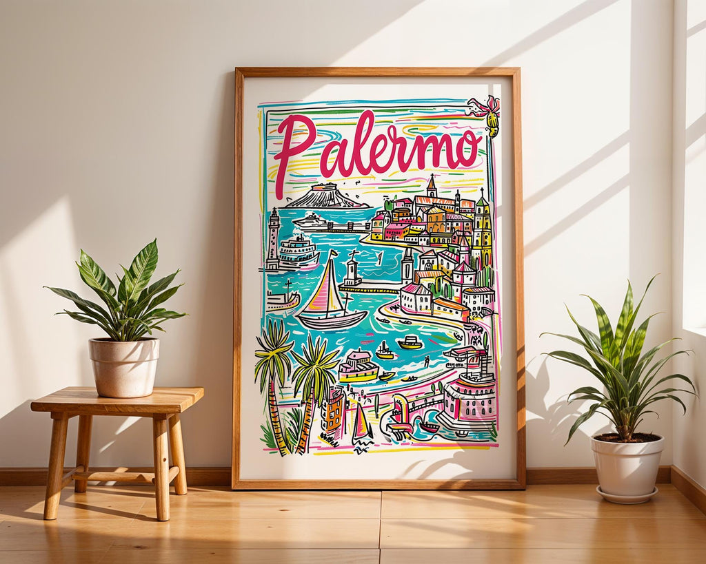 Palermo Italy Travel Poster | Colorful Sicilian Cityscape Art Print wall art print, modern home decor, unframed artwork by Nomad & Nest