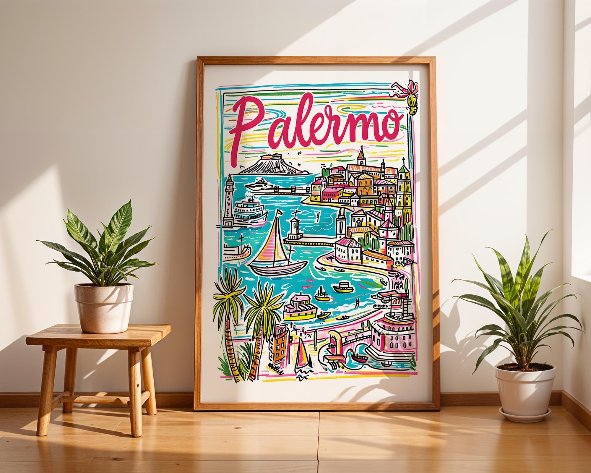 Palermo Italy Travel Poster | Colorful Sicilian Cityscape Art Print wall art print, modern home decor, unframed artwork by Nomad & Nest