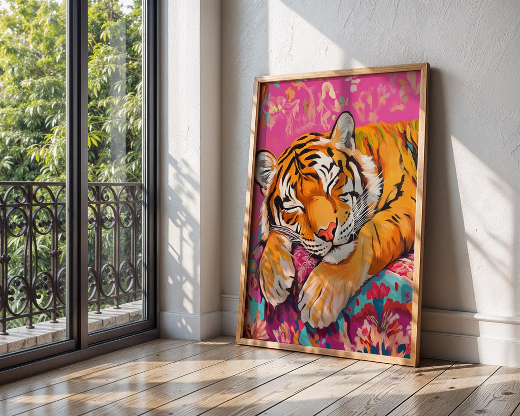 Sleeping Tiger Art Print | Pink Floral Cushion, Whimsical Jungle Decor wall art print, modern home decor, unframed artwork by Nomad & Nest