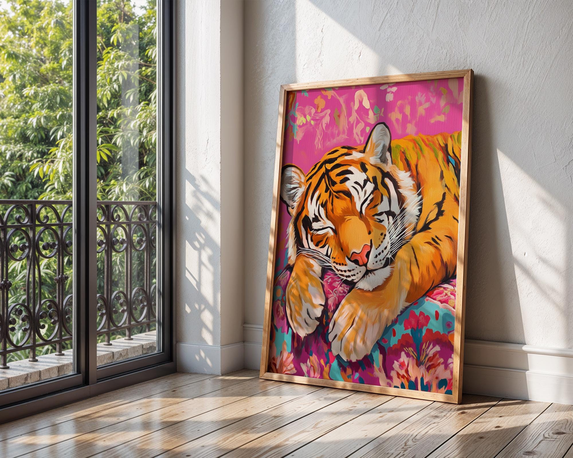 Sleeping Tiger Art Print | Pink Floral Cushion, Whimsical Jungle Decor wall art print, modern home decor, unframed artwork by Nomad & Nest