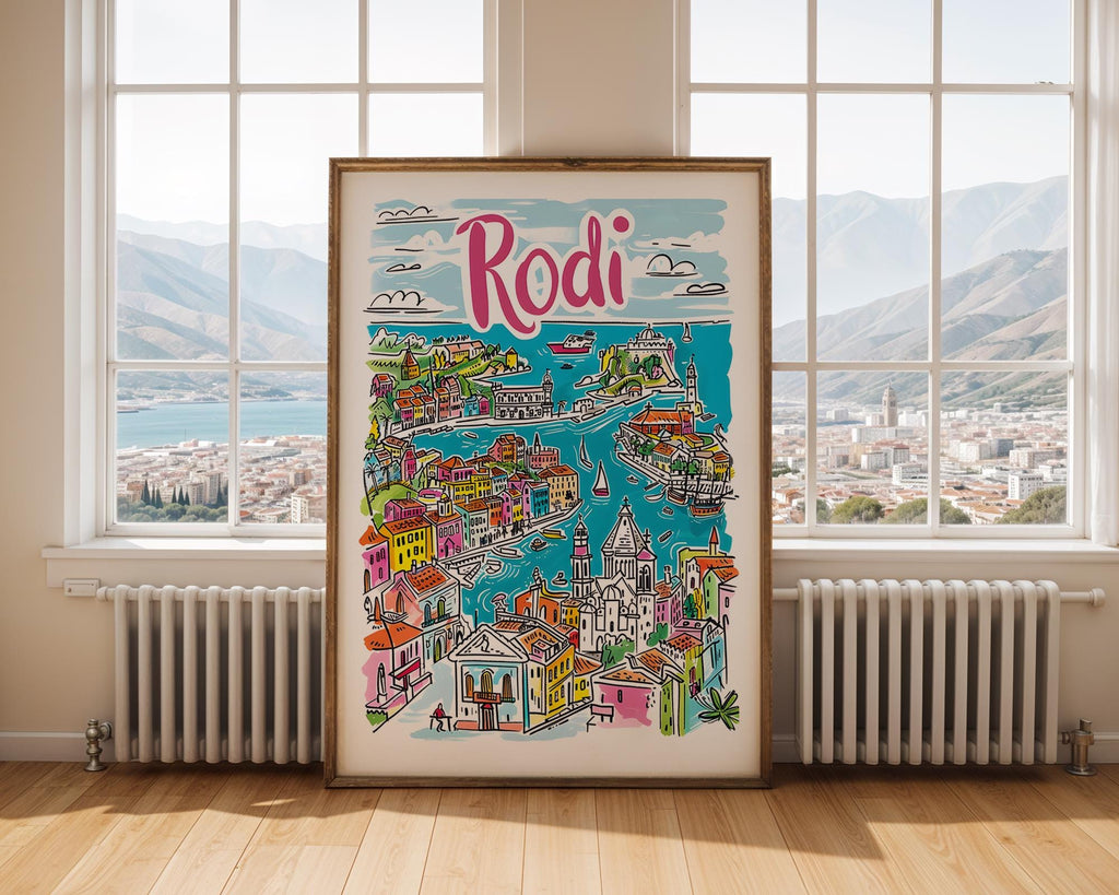 Rhodes Greece Art Print | Colorful Old Town Coastal Decor wall art print, modern home decor, unframed artwork by Nomad & Nest