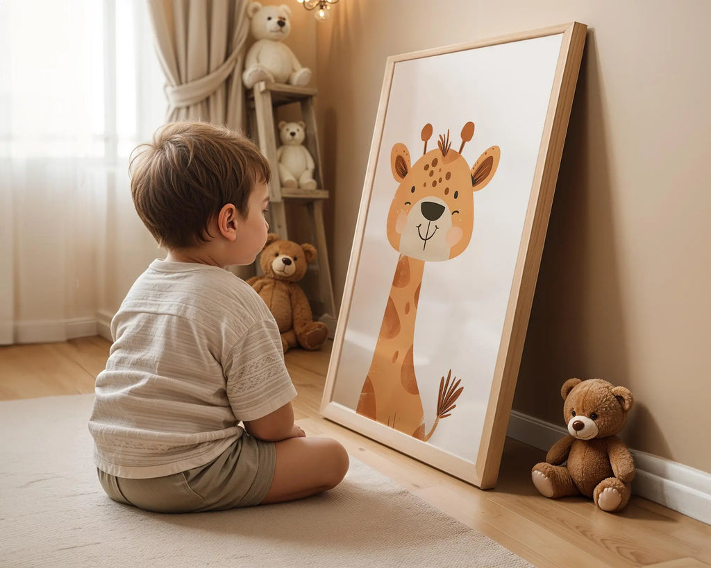 Playroom Ideas | Happy Giraffe Nursery Wall Art | Safari Animal Baby Print wall art print, modern home decor, unframed artwork by Nomad & Nest